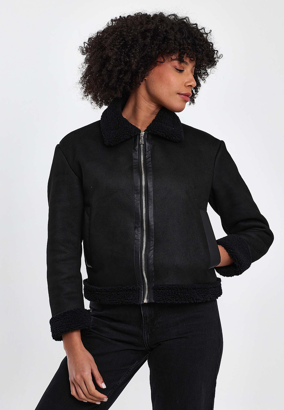 Faux Leather Bomber Jacket with Shearling Trim