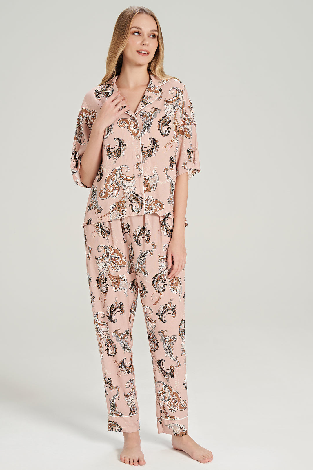 Shawl Patterned Button-Up Pajama Set