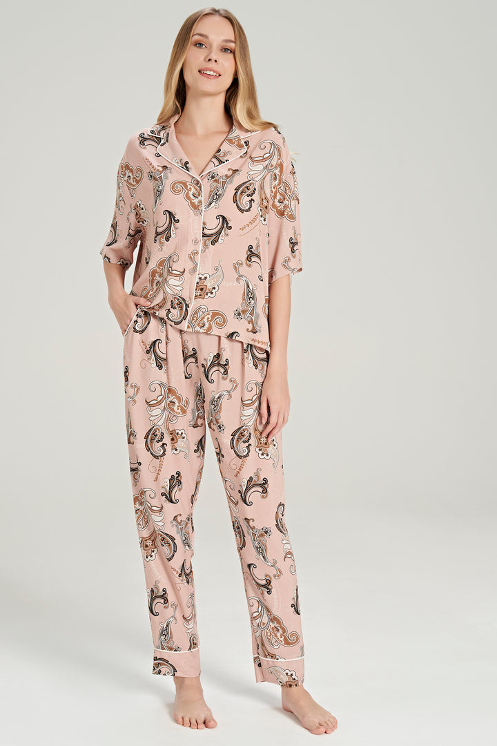 Shawl Patterned Button-Up Pajama Set